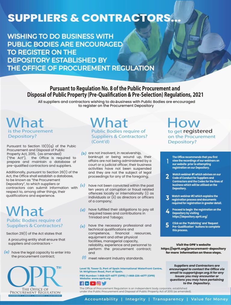 Do you wish to do business with Public Bodies? Then you must be registered on the OPR's Procurement Depository. Read the guided steps below, then visit https://oprtt.org/procurement-depository to get started. #trinidadandtobago I #oprtt I #procurementintrinidad I #procurement I #disposal I #sustainableprocurement